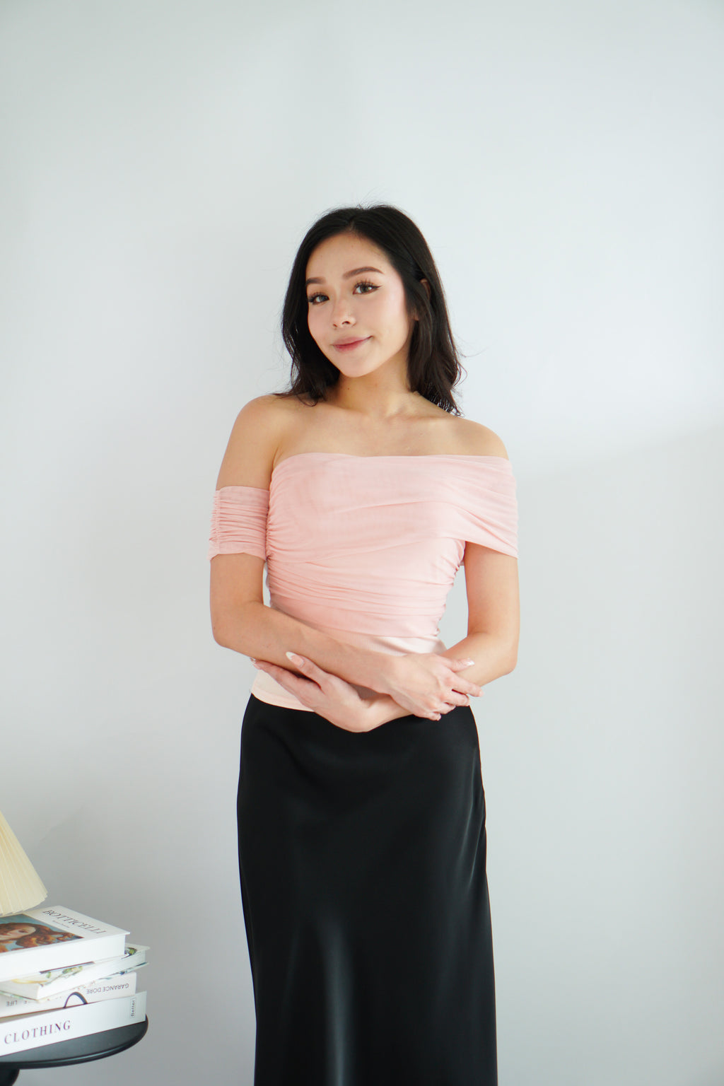 Auraya Off Shoulder Drape Mesh Top in Pink