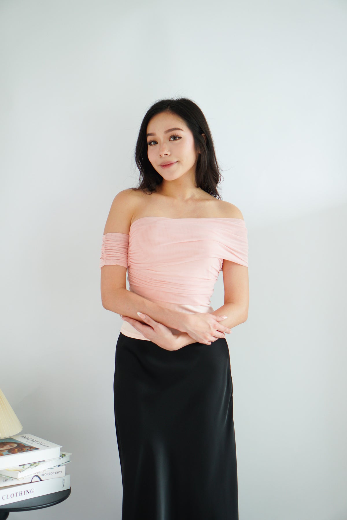 Auraya Off Shoulder Drape Mesh Top in Pink