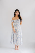 Puffy Misty Floral Corset Maxi A-Line Dress with Sleeves in Blue and White