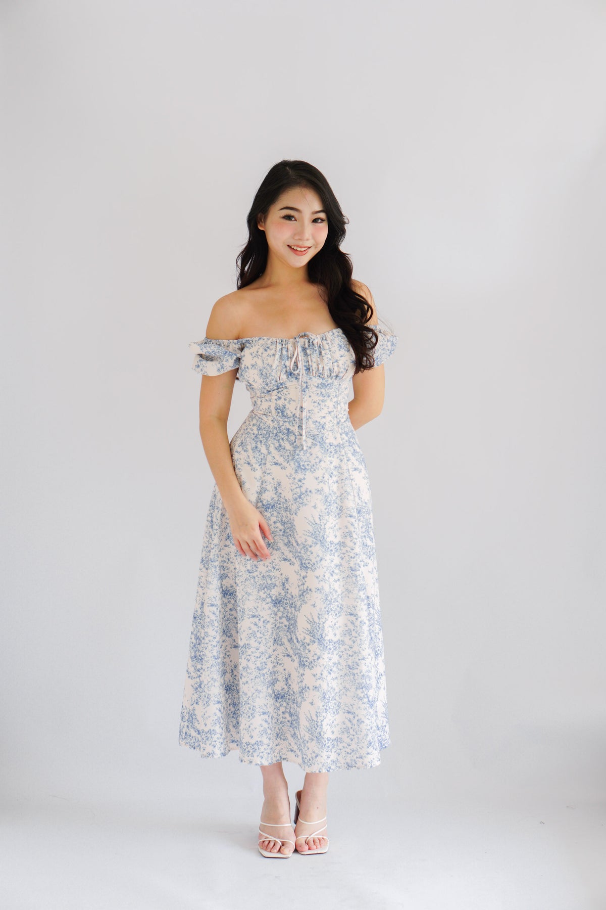 Puffy Misty Floral Corset Maxi A-Line Dress with Sleeves in Blue and White