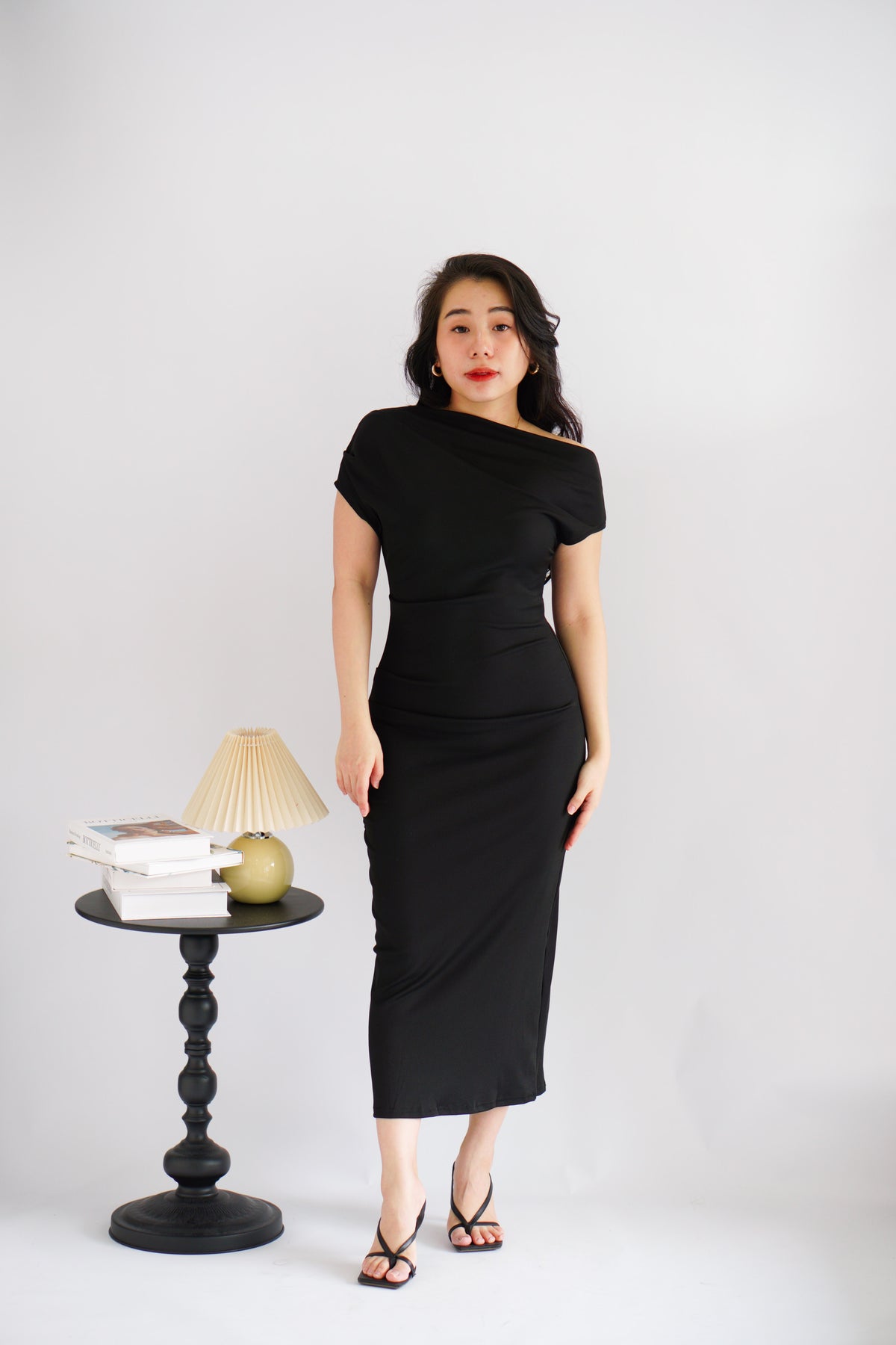 Thaya Toga Off Shoulder Bodycon Maxi Dress in Black