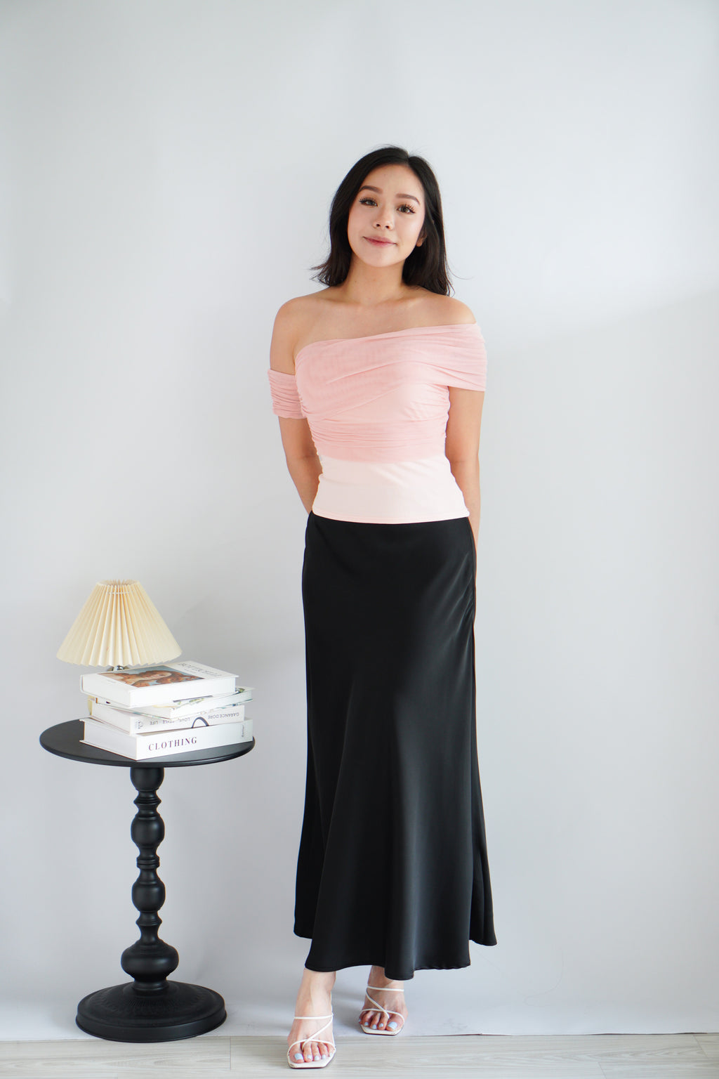 Auraya Off Shoulder Drape Mesh Top in Pink