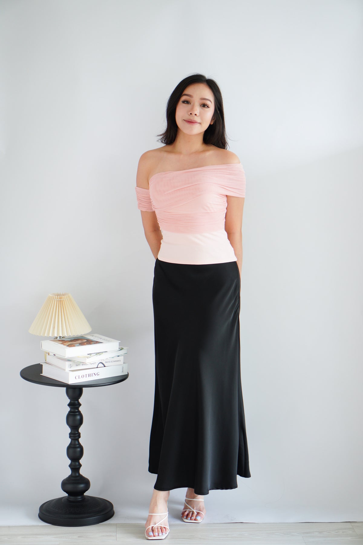 Auraya Off Shoulder Drape Mesh Top in Pink