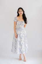Puffy Misty Floral Corset Maxi A-Line Dress with Sleeves in Blue and White