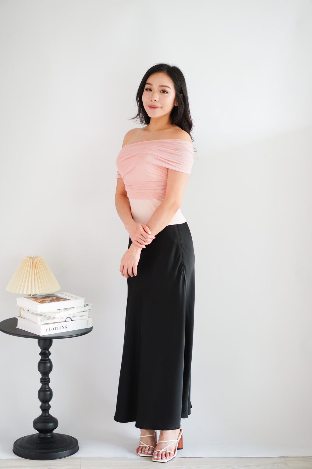 Auraya Off Shoulder Drape Mesh Top in Pink