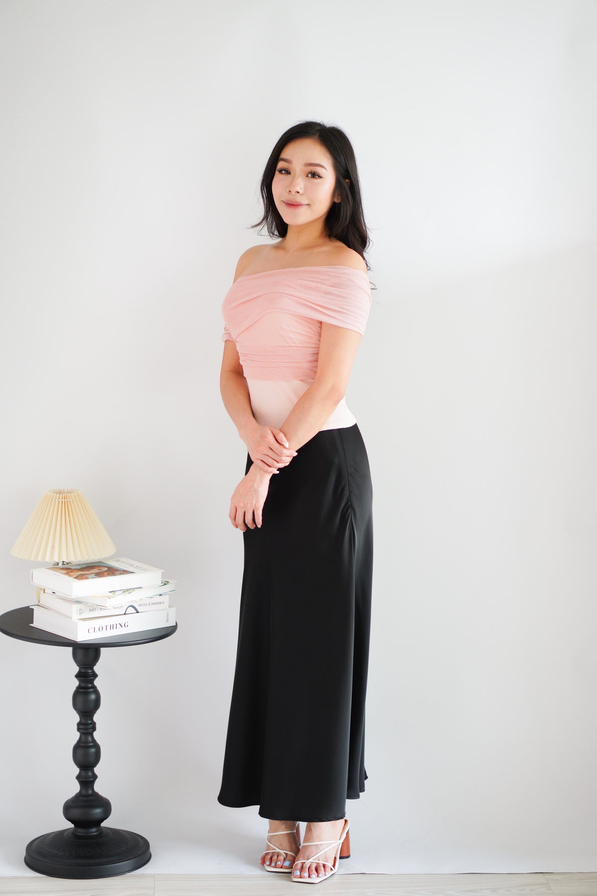 Auraya Off Shoulder Drape Mesh Top in Pink