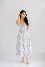 Puffy Misty Floral Corset Maxi A-Line Dress with Sleeves in Blue and White