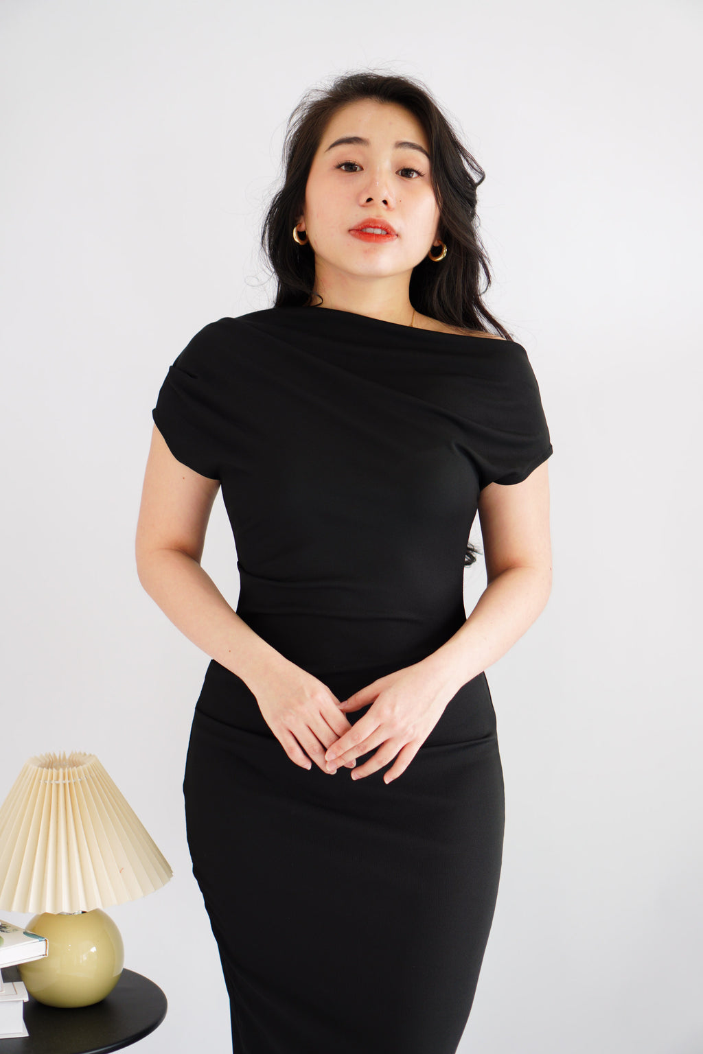 Thaya Toga Off Shoulder Bodycon Maxi Dress in Black