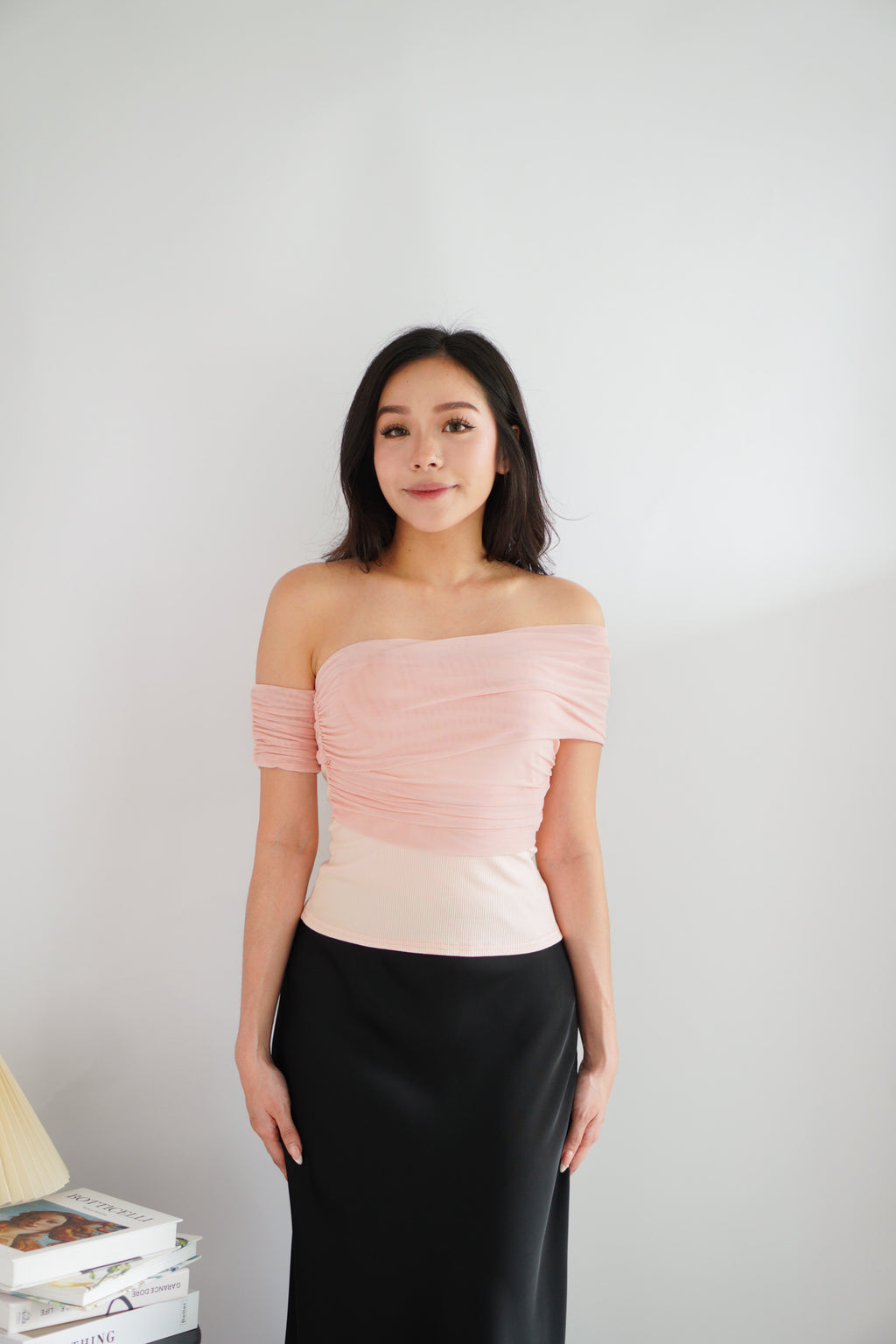 Auraya Off Shoulder Drape Mesh Top in Pink