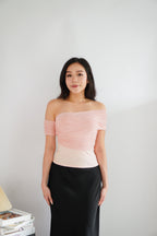 Auraya Off Shoulder Drape Mesh Top in Pink