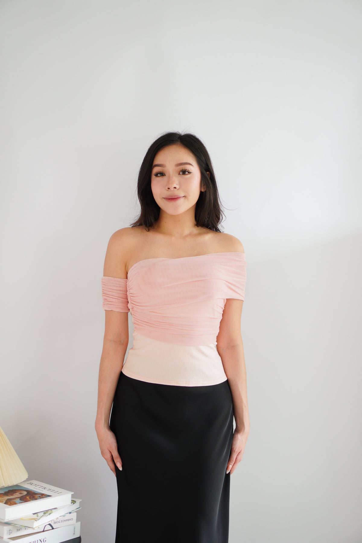 Auraya Off Shoulder Drape Mesh Top in Pink