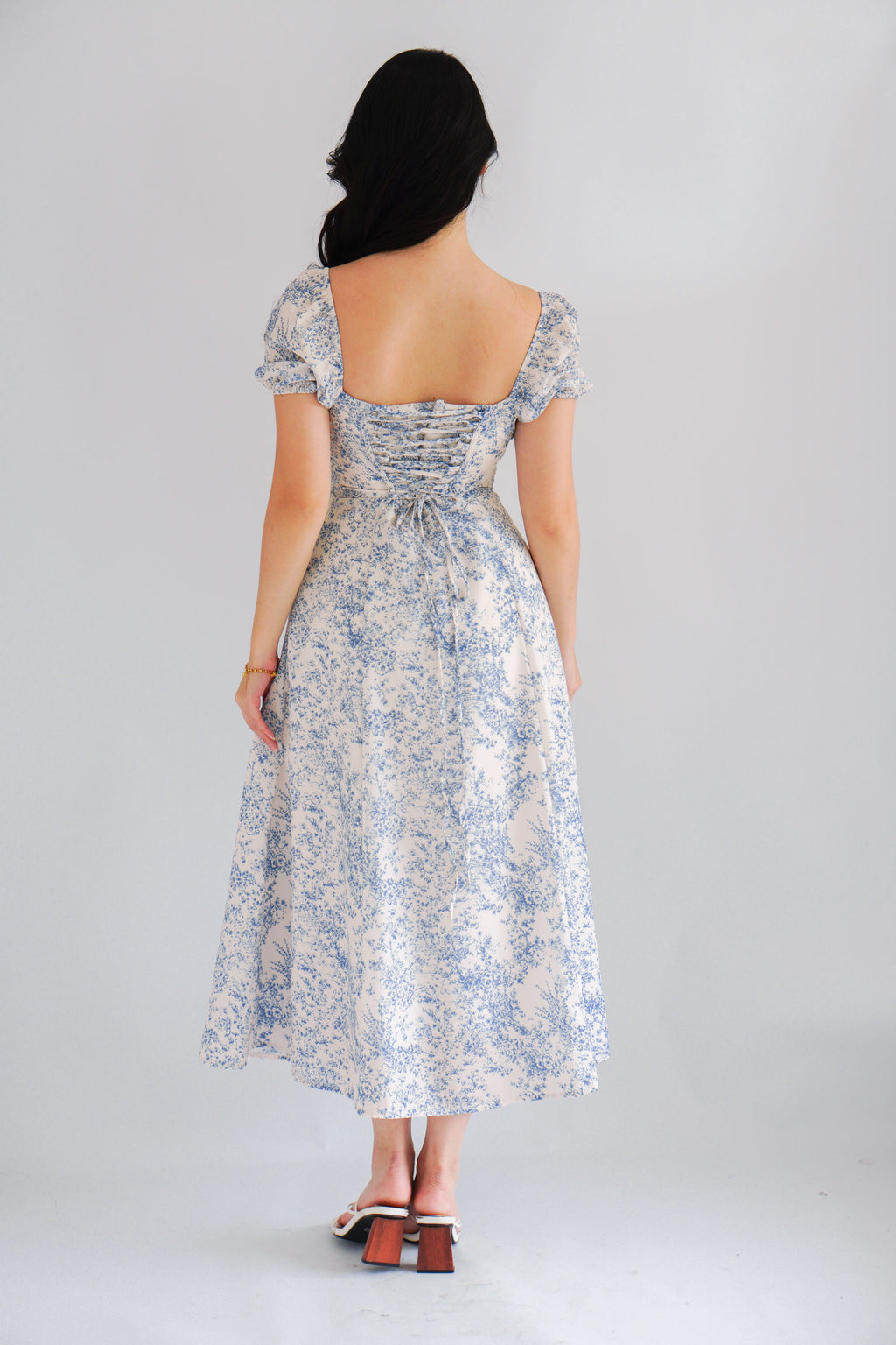 Puffy Misty Floral Corset Maxi A-Line Dress with Sleeves in Blue and White