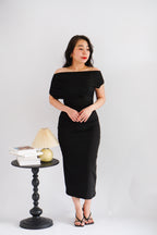 Thaya Toga Off Shoulder Bodycon Maxi Dress in Black