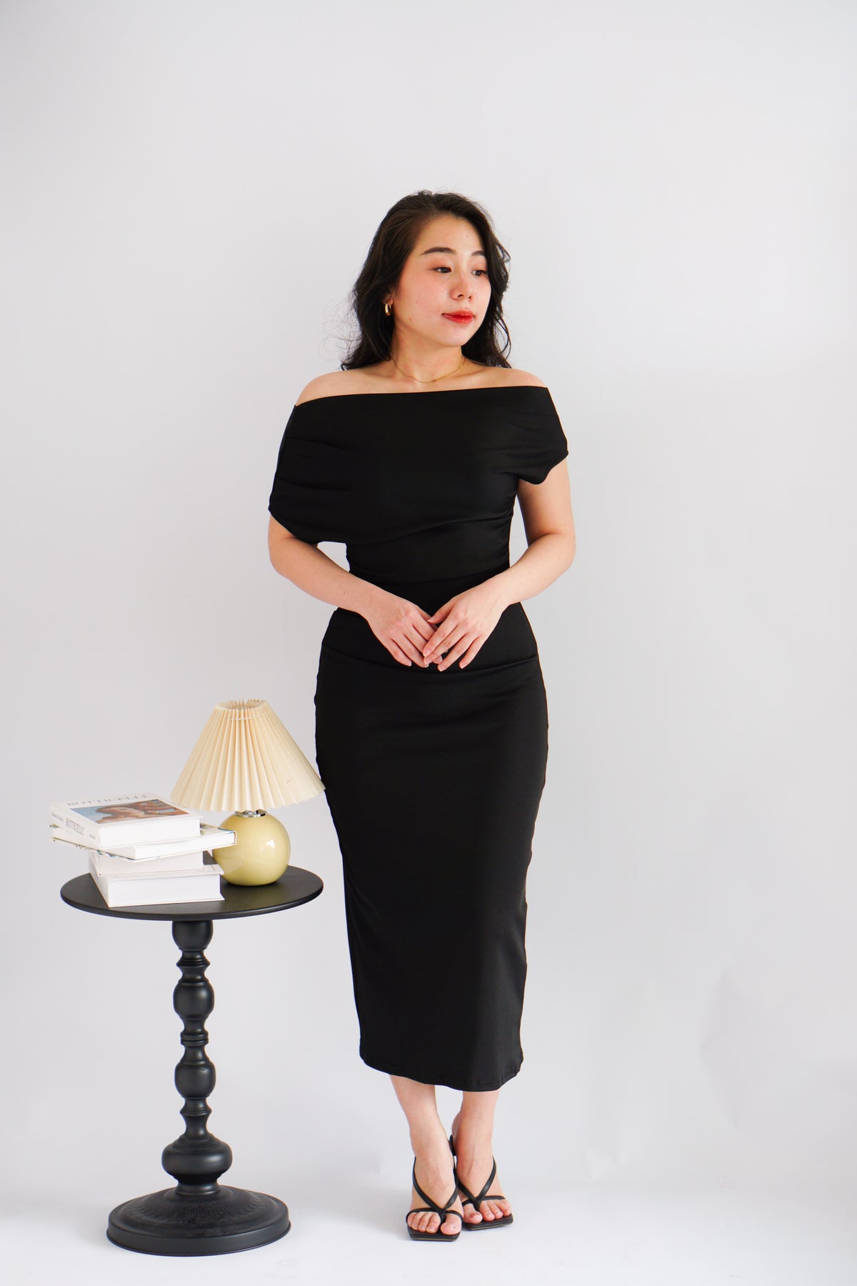 Thaya Toga Off Shoulder Bodycon Maxi Dress in Black