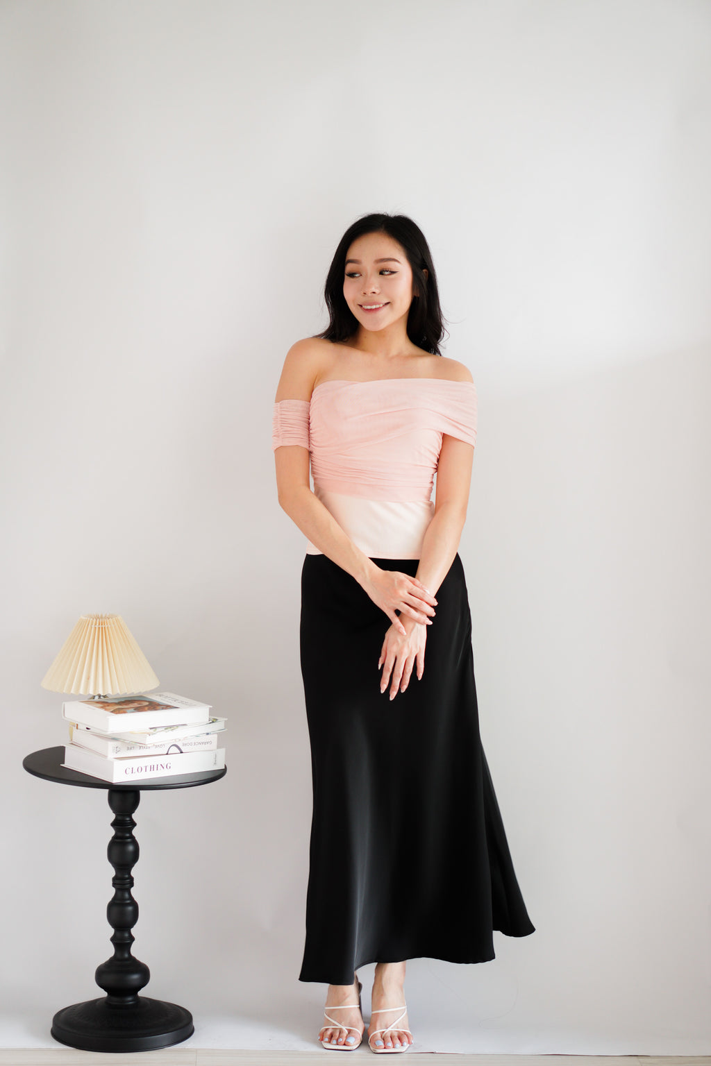 Auraya Off Shoulder Drape Mesh Top in Pink