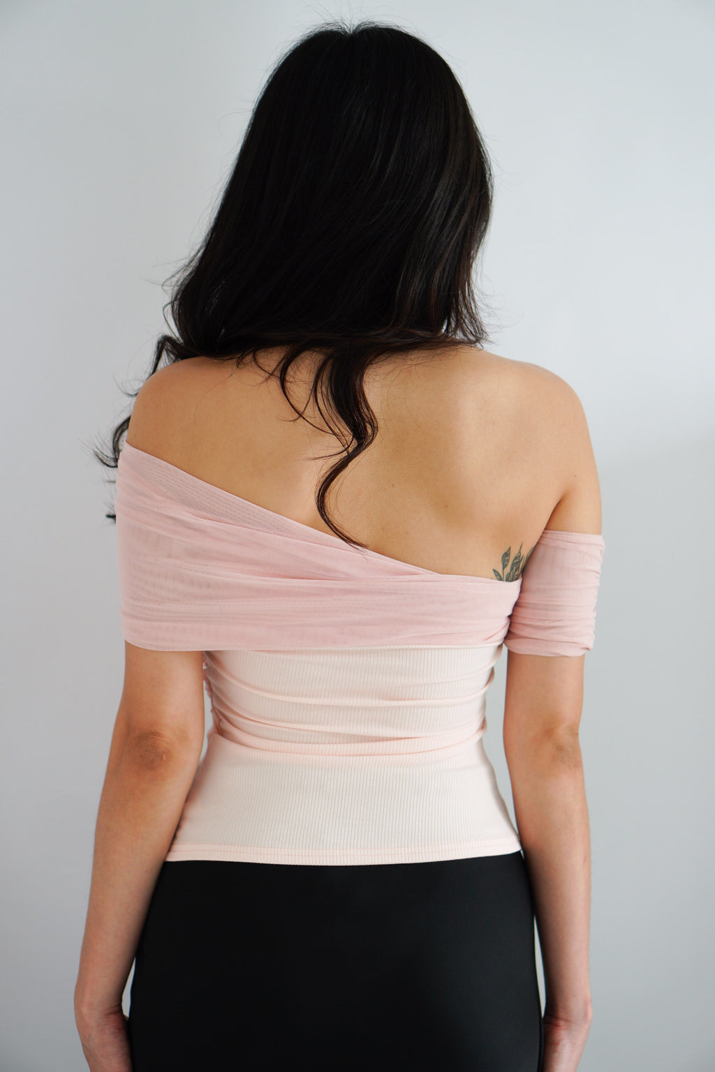 Auraya Off Shoulder Drape Mesh Top in Pink