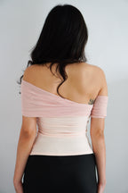 Auraya Off Shoulder Drape Mesh Top in Pink