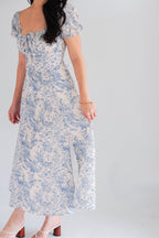 Puffy Misty Floral Corset Maxi A-Line Dress with Sleeves in Blue and White
