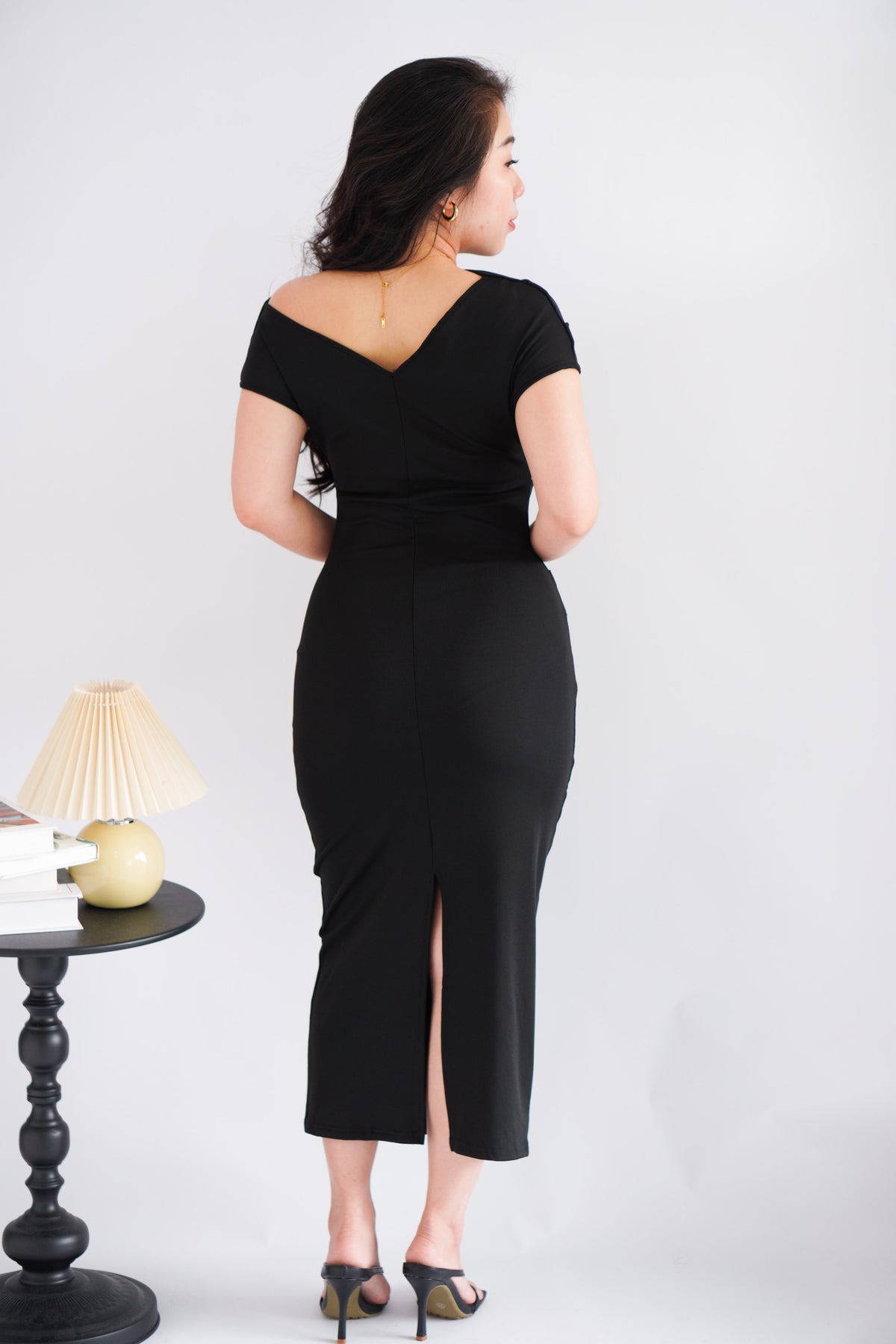 Thaya Toga Off Shoulder Bodycon Maxi Dress in Black