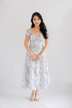 Puffy Misty Floral Corset Maxi A-Line Dress with Sleeves in Blue and White