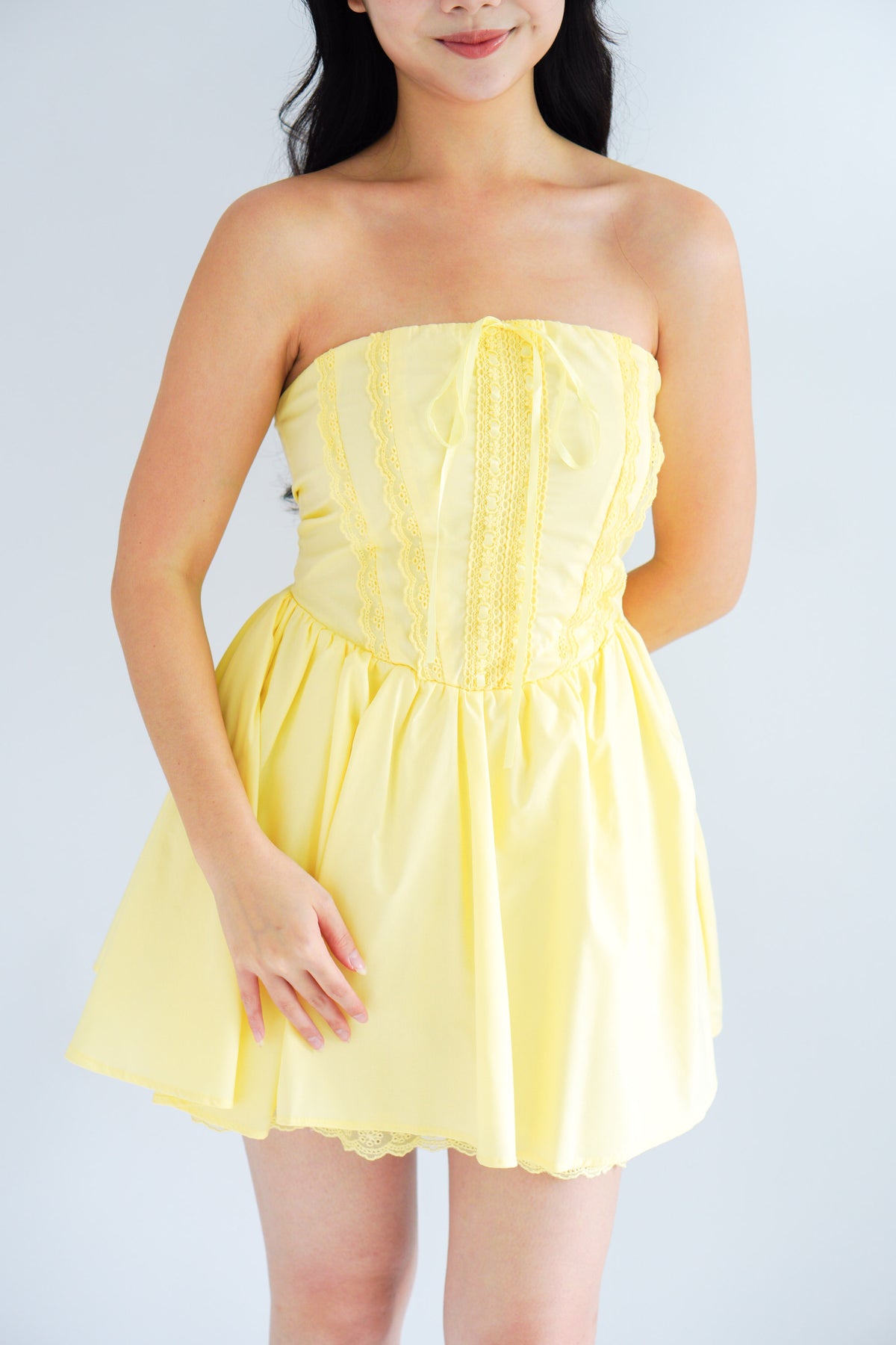 Veyra Mini Tube A-line Dress with Lace in Yellow