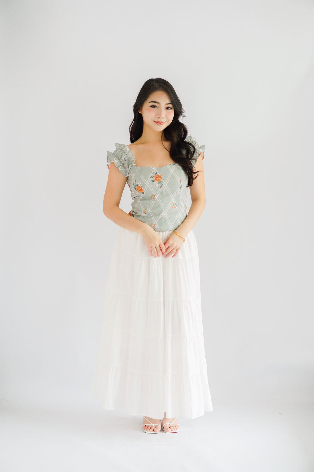 Thalira Floral Ruffles Sleeve Top in Green