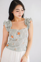 Thalira Floral Ruffles Sleeve Top in Green