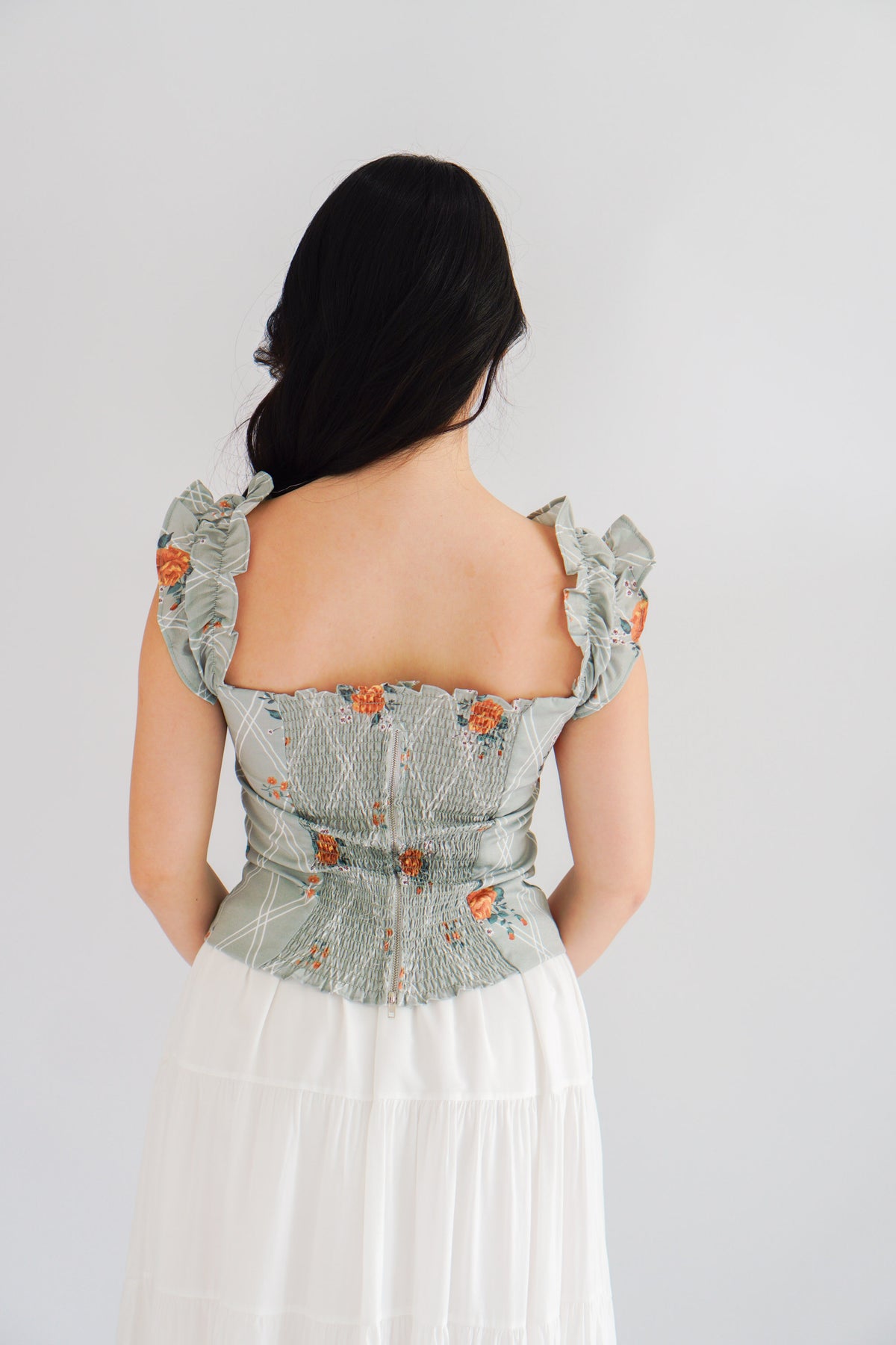 Thalira Floral Ruffles Sleeve Top in Green