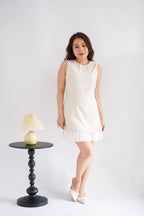 (BACKORDER) Paigea Round Neck Layered Mini Dress with Pleated Bottom in Beige