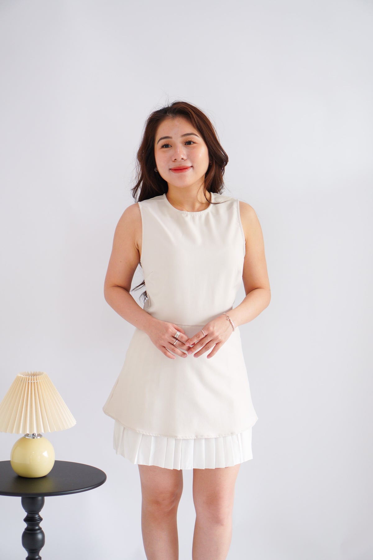 (BACKORDER) Paigea Round Neck Layered Mini Dress with Pleated Bottom in Beige