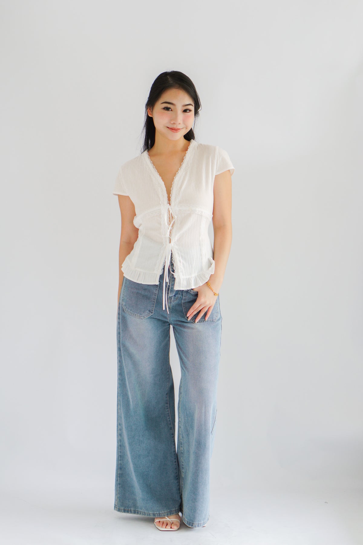 Zyn Self Tied Lace Ribbon Top in White