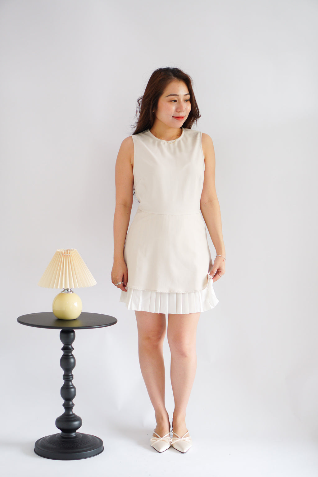 (BACKORDER) Paigea Round Neck Layered Mini Dress with Pleated Bottom in Beige