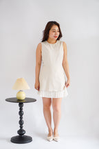 (BACKORDER) Paigea Round Neck Layered Mini Dress with Pleated Bottom in Beige