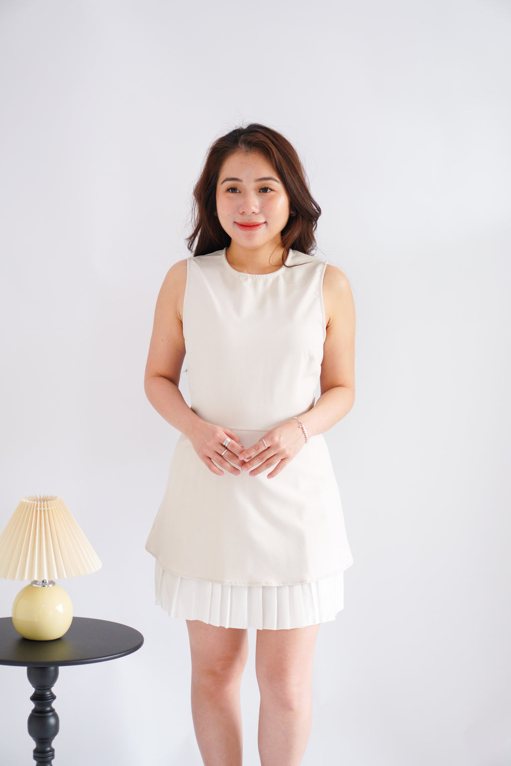 (BACKORDER) Paigea Round Neck Layered Mini Dress with Pleated Bottom in Beige