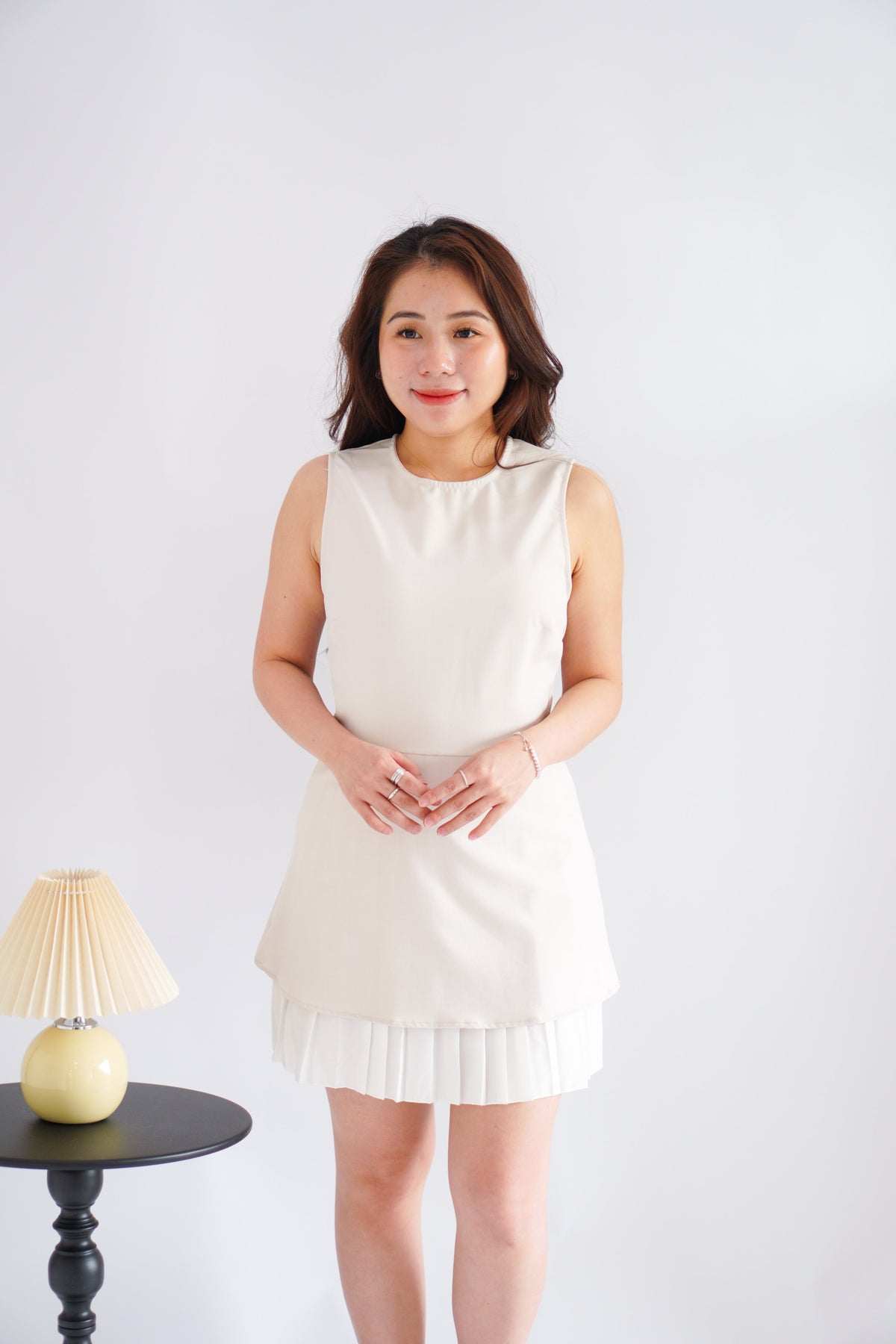 (BACKORDER) Paigea Round Neck Layered Mini Dress with Pleated Bottom in Beige