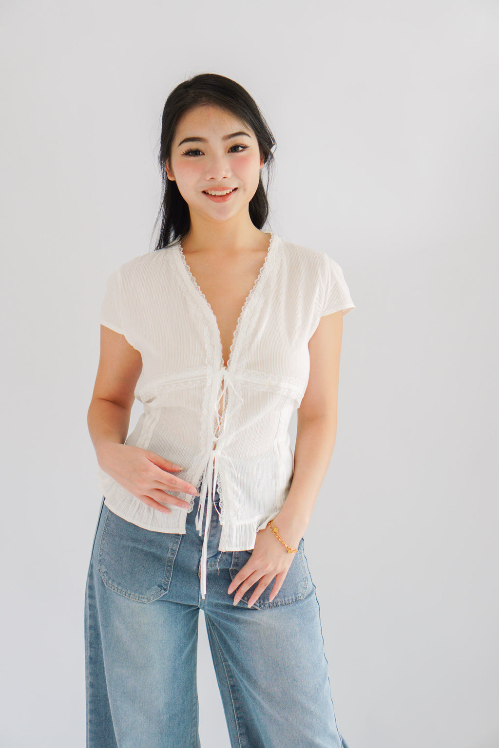 Zyn Self Tied Lace Ribbon Top in White