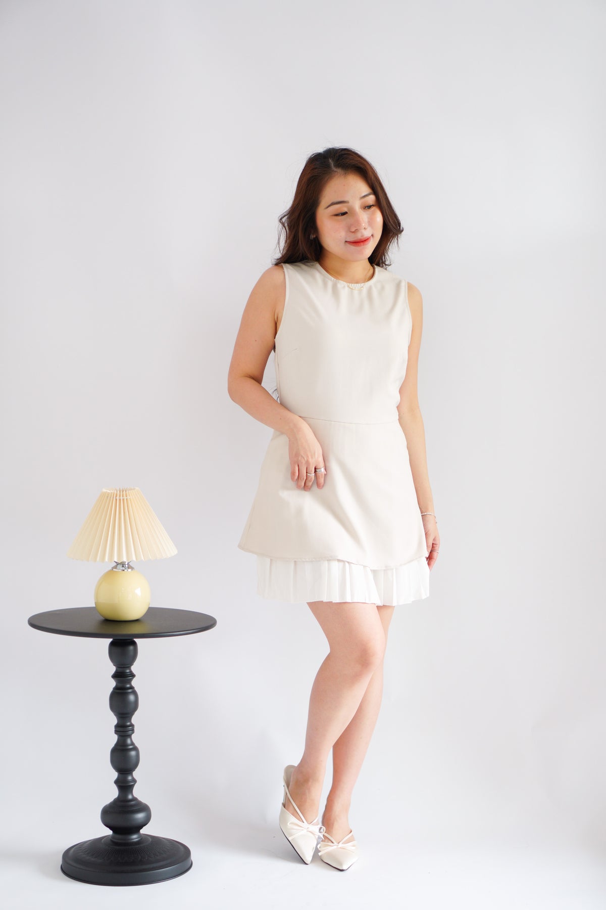 (BACKORDER) Paigea Round Neck Layered Mini Dress with Pleated Bottom in Beige