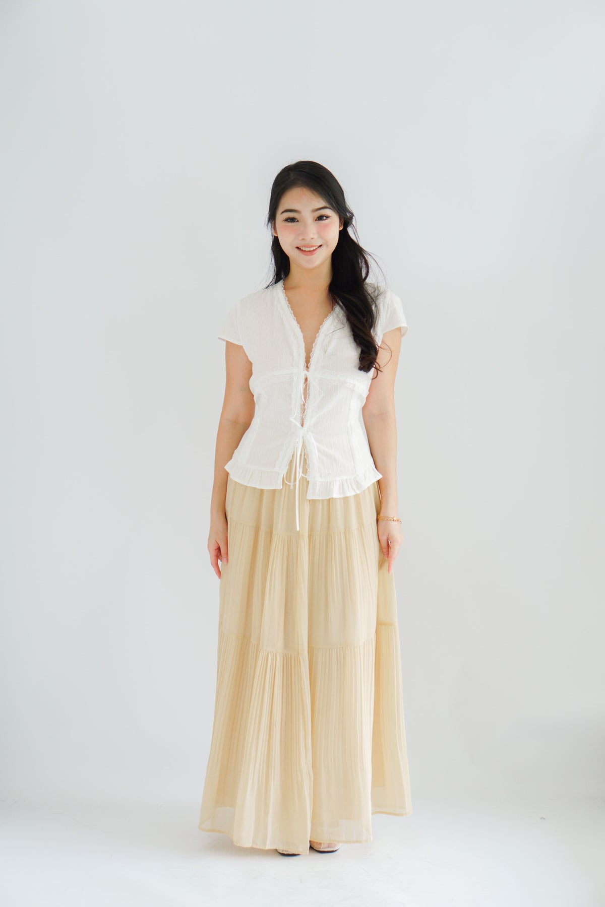 Zyn Self Tied Lace Ribbon Top in White