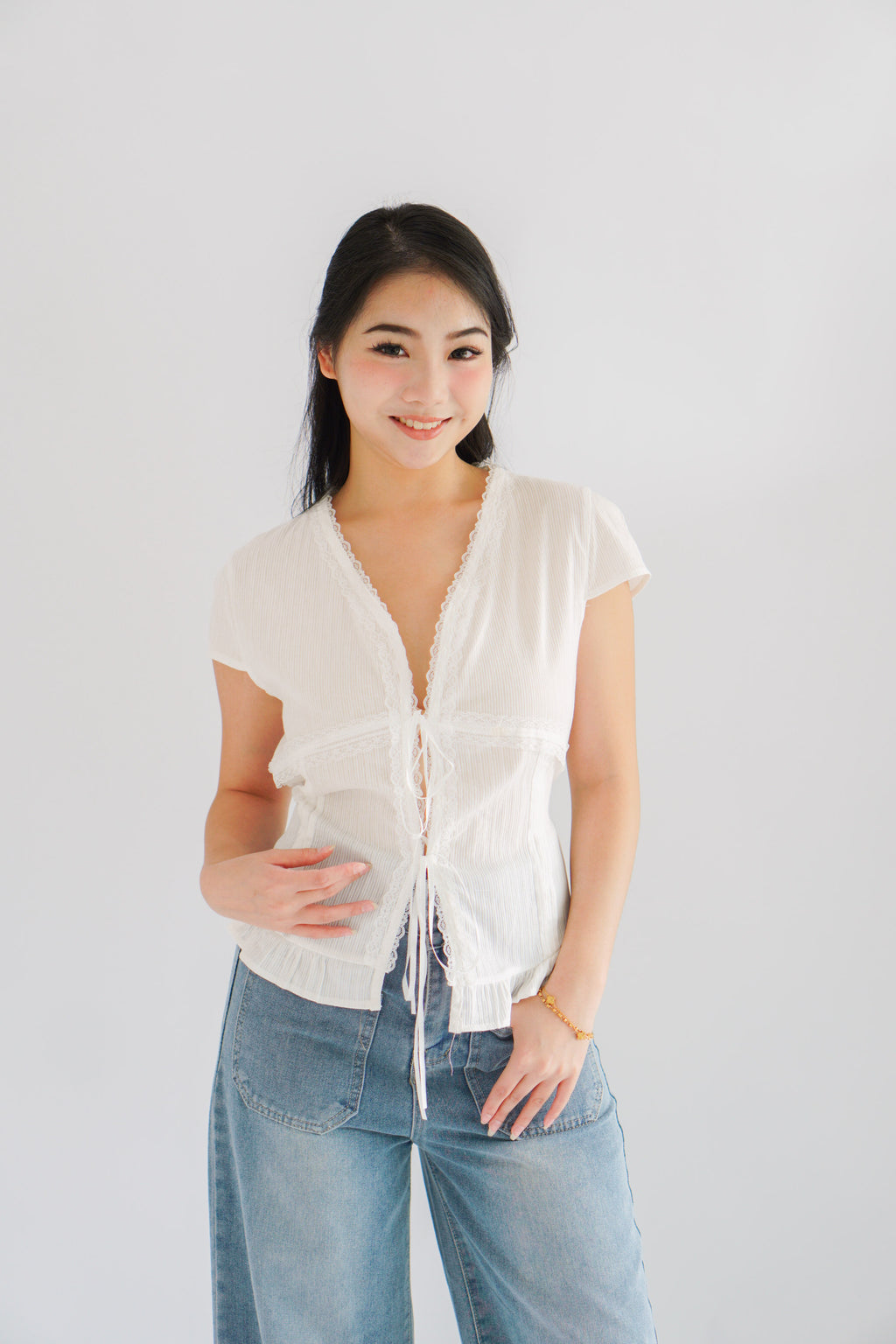 Zyn Self Tied Lace Ribbon Top in White
