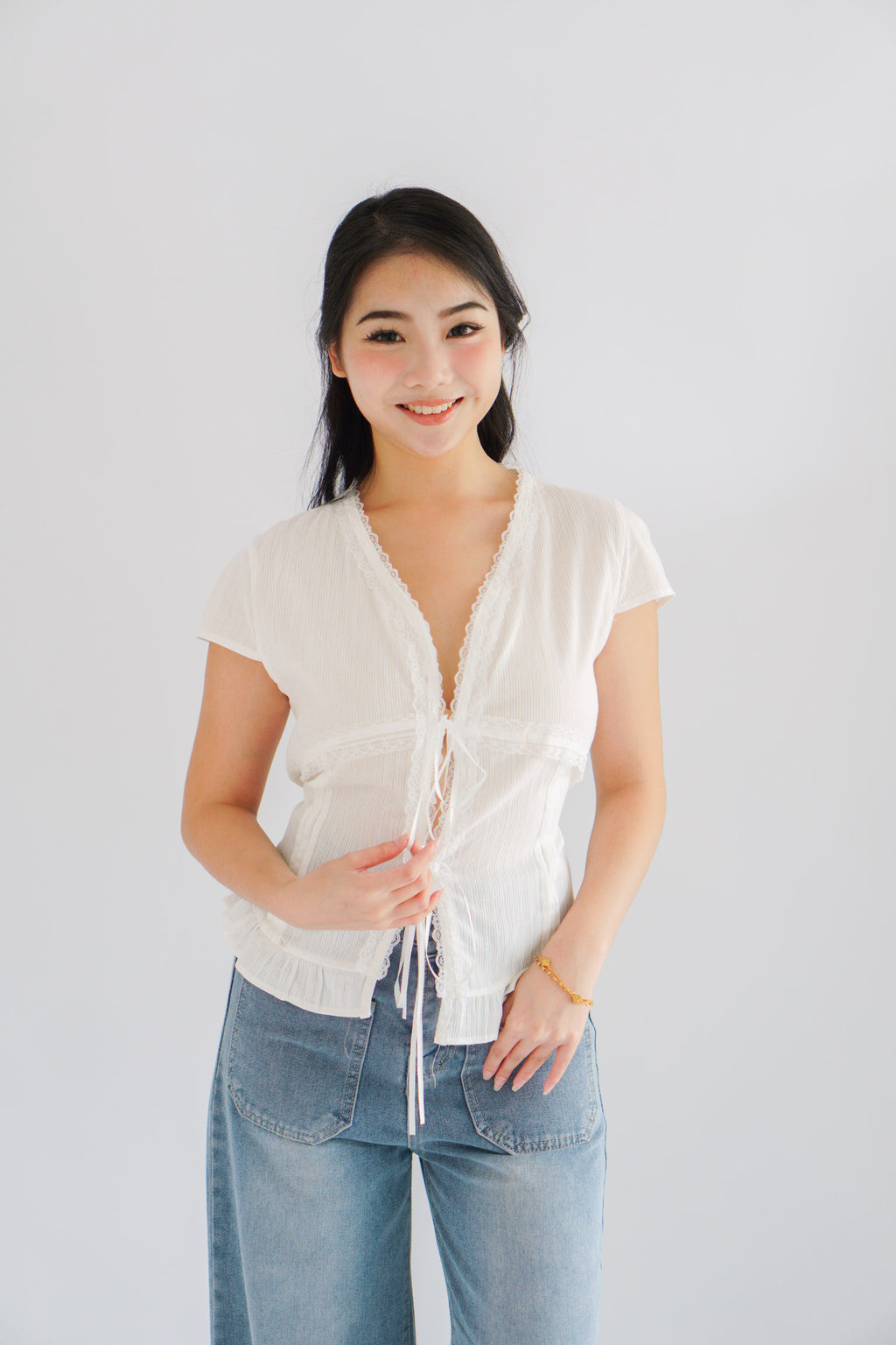 Zyn Self Tied Lace Ribbon Top in White
