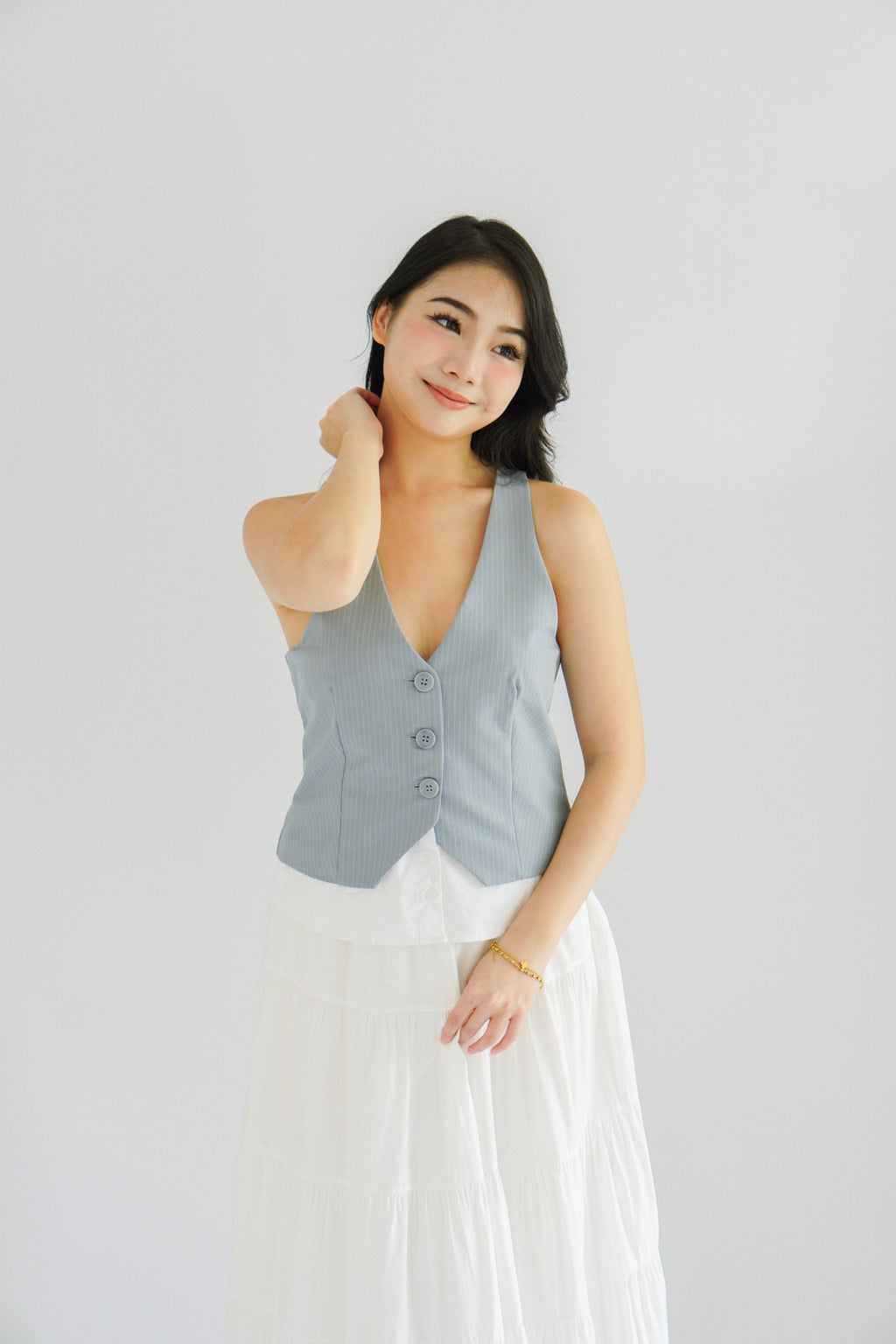 (BACKORDER) Astrae Pinstripe Layered Vest Top in Blue
