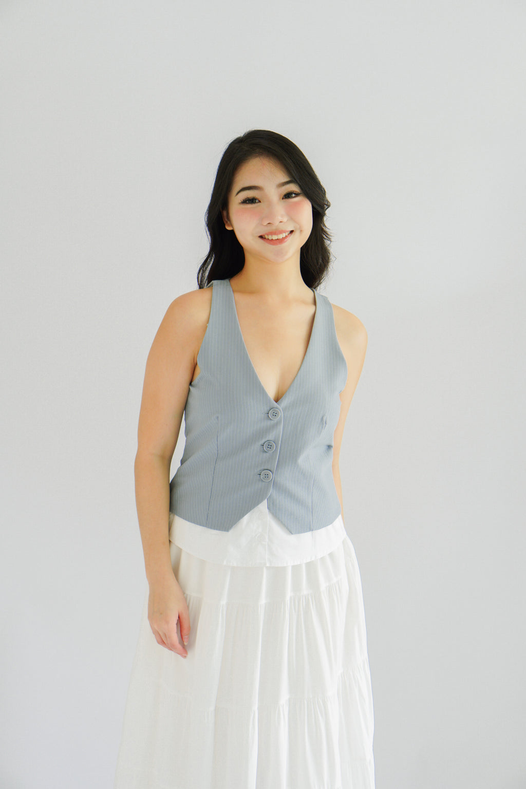 (BACKORDER) Astrae Pinstripe Layered Vest Top in Blue