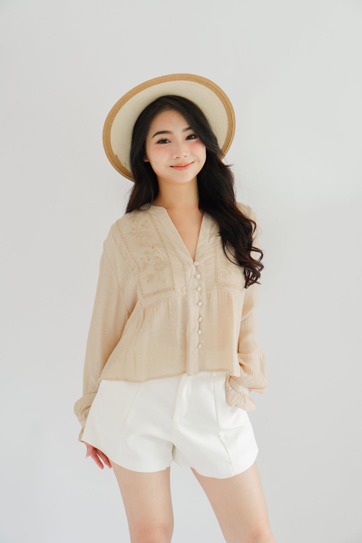 Sera V Neck Boho Blouse Top in Light Khaki