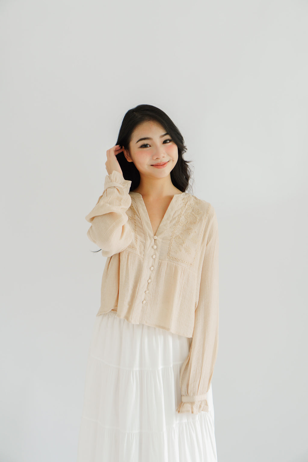 Sera V Neck Boho Blouse Top in Light Khaki