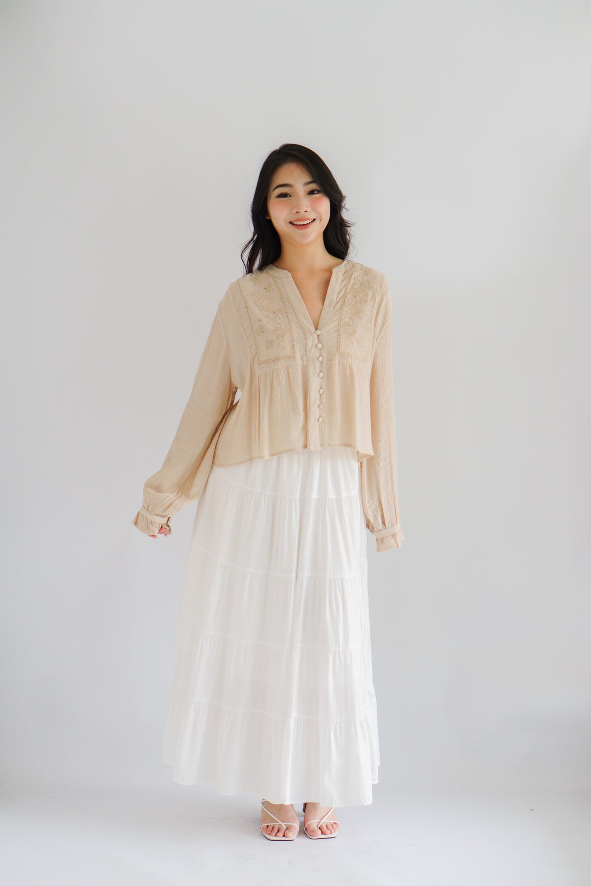 Sera V Neck Boho Blouse Top in Light Khaki