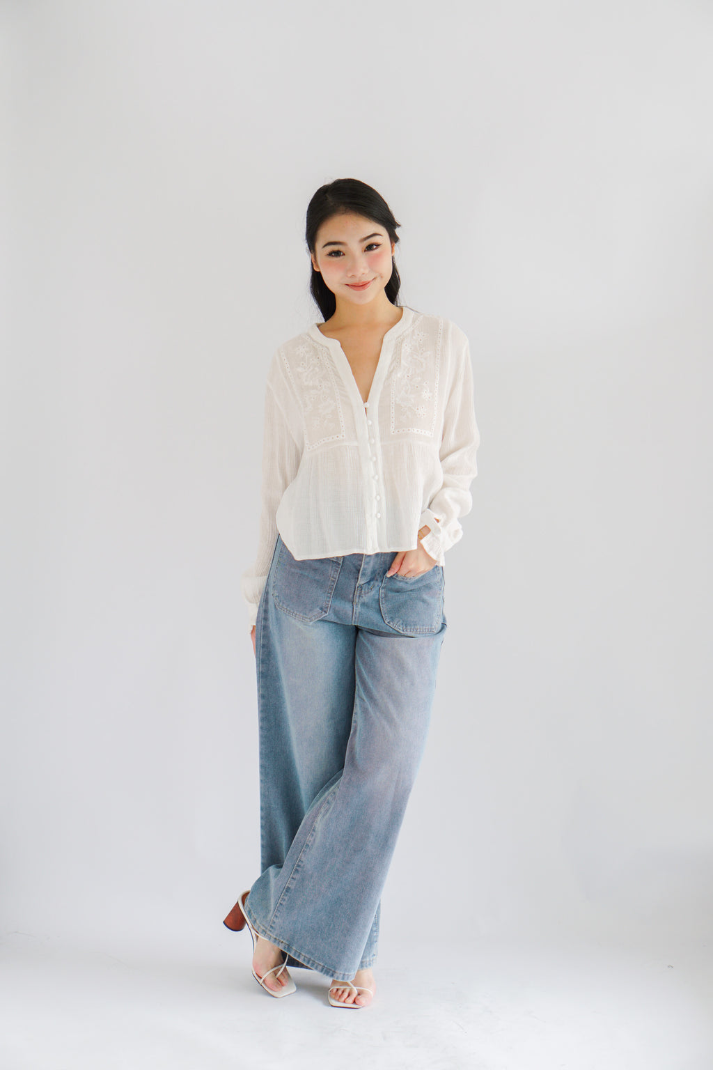 Sera V Neck Boho Blouse Top in White