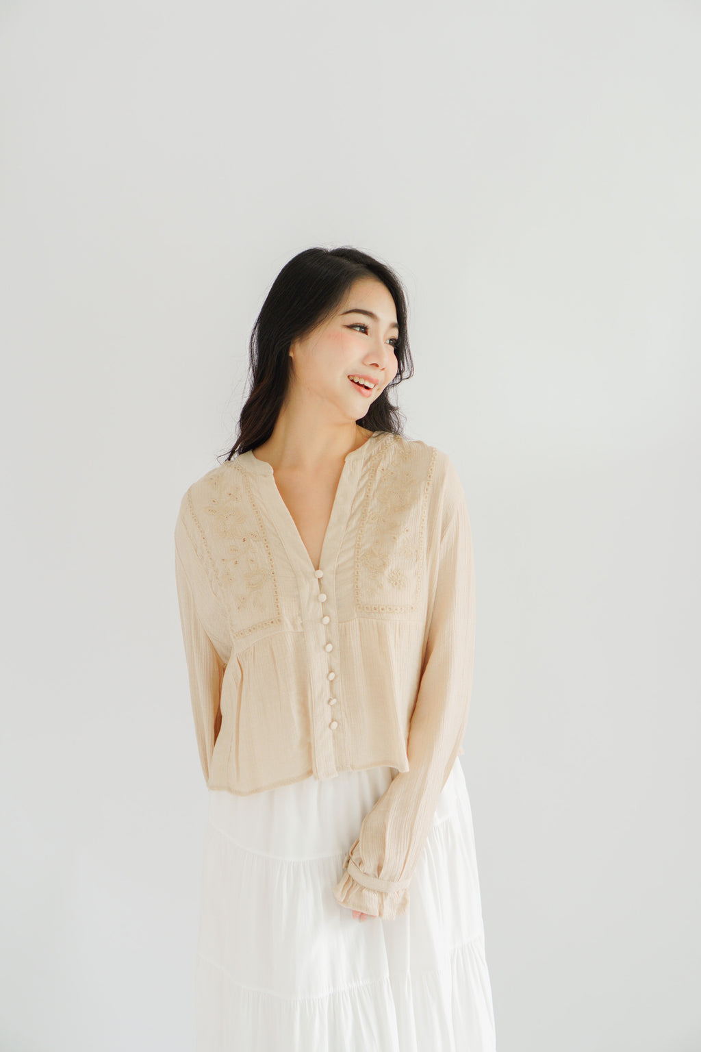 Sera V Neck Boho Blouse Top in Light Khaki