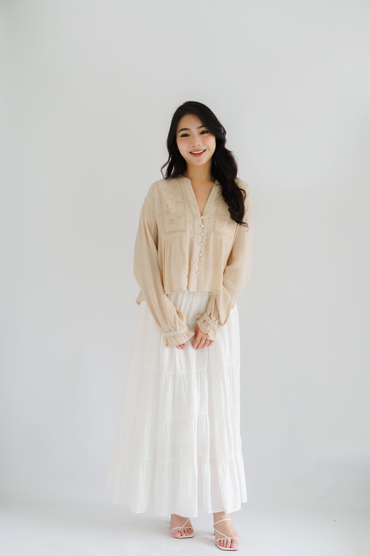 Sera V Neck Boho Blouse Top in Light Khaki