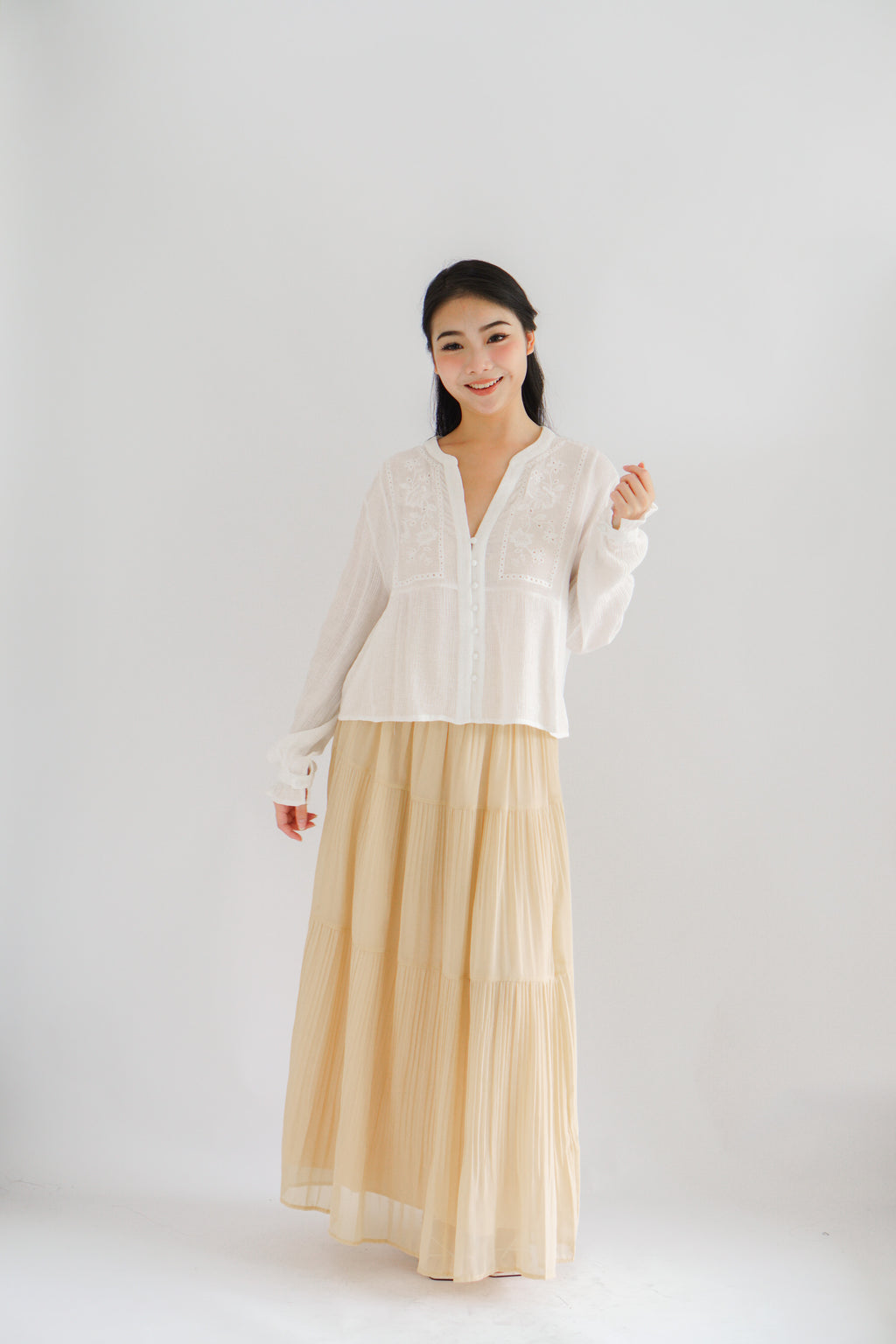 Sera V Neck Boho Blouse Top in White