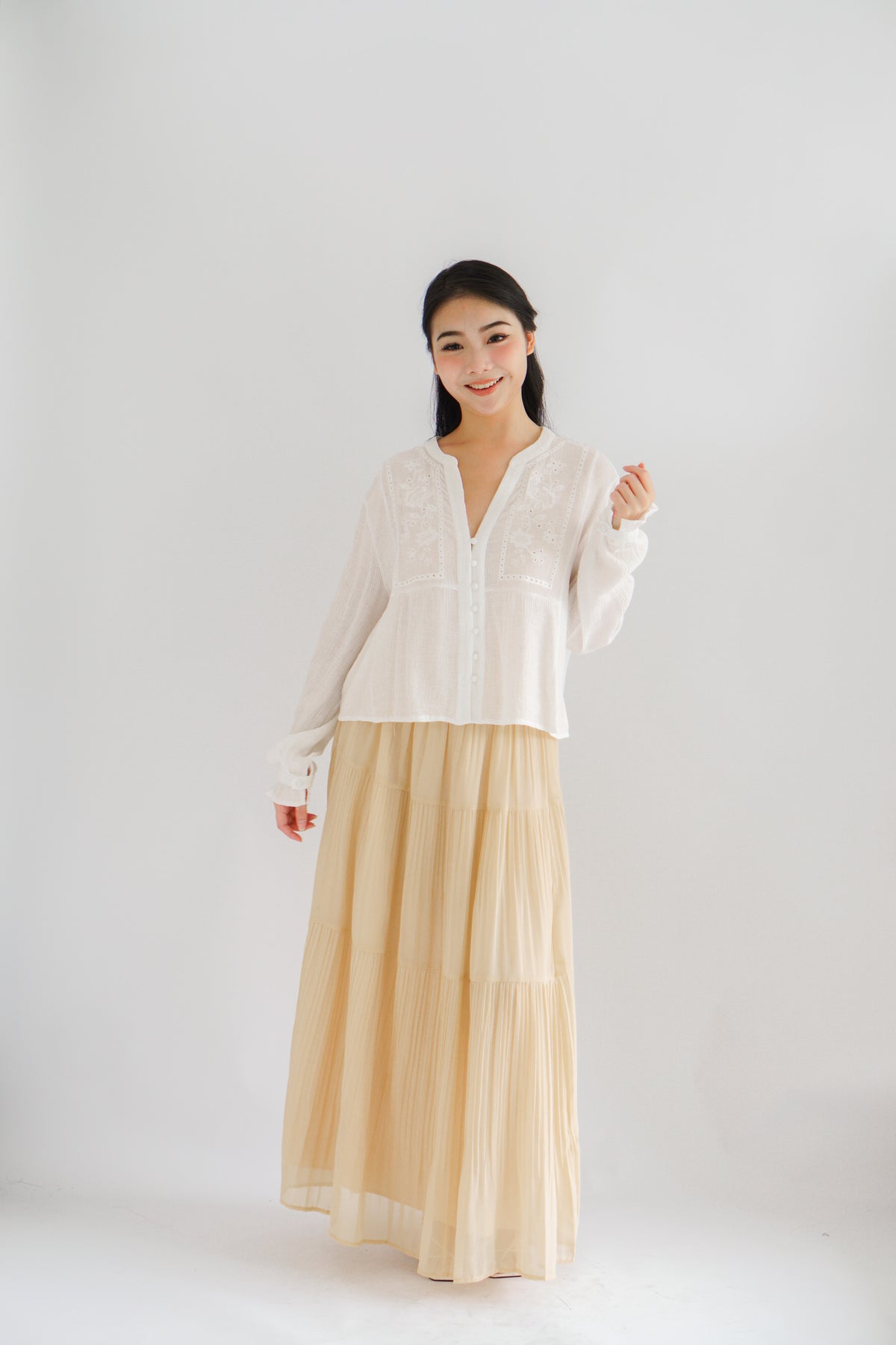 Sera V Neck Boho Blouse Top in White